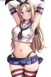 Rule 34 | 1girl, arms behind head, black hairband, black neckerchief, black panties, blonde hair, blue eyes, blue sailor collar, blue skirt, blush, breasts, cosplay, crop top, elbow gloves, gloves, hairband, highleg, highleg panties, highres, kantai collection, large breasts, long hair, looking at viewer, microskirt, mizuki (uzuki no sato), neckerchief, nelson (kancolle), one-hour drawing challenge, panties, sailor collar, shimakaze (kancolle), shimakaze (kancolle) (cosplay), skirt, solo, striped clothes, striped thighhighs, thighhighs, underwear, white gloves