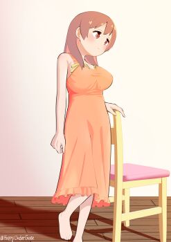 1girl absurdres artist_name bare_arms bare_shoulders barefoot blush breasts brown_eyes brown_hair chair colored_inner_hair commentary_request dress feet hair_down happyundergate highres indoors large_breasts light_smile long_hair multicolored_hair murosaki_miyo onii-chan_wa_oshimai! orange_dress red_hair sleeveless sleeveless_dress solo standing twitter_username two-tone_hair wooden_floor