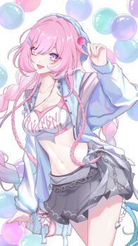 1girl 286hertz blue_hat braid breasts candy collarbone commentary cyrene_(honkai:_star_rail) cyrene_(nylon_japan)_(honkai:_star_rail) cyrene_(ripples_of_past_reverie)_(honkai:_star_rail) diamond-shaped_pupils diamond_(shape) fingernails food grey_skirt hair_intakes hair_ornament hairclip hand_up hat heart heart_necklace highres holding holding_candy holding_food holding_lollipop honkai:_star_rail honkai_(series) jewelry lollipop long_hair looking_at_viewer medium_breasts nail_polish navel necklace official_alternate_costume open_mouth parallel_hairclips pink_hair purple_eyes purple_nails skirt smile solo stomach symbol-shaped_pupils twitter_username very_long_hair white_background