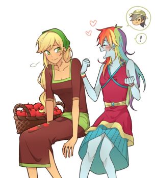 Rule 34 | !, 2girls, apple, apple print, applejack, applejack (equestria girls), aqua skirt, arm support, bandana, basket, blonde hair, blue skin, blush, breasts, brown dress, character request, cleavage, clenched hands, closed eyes, closed mouth, collarbone, colored skin, commentary, daring do (my little pony), dcon 34, dress, facing another, feet out of frame, food, food print, freckles, fruit, fruit print, green bandana, green eyes, green sash, hands up, heart, invisible chair, large breasts, long hair, low-tied long hair, medium dress, multicolored hair, multicolored wristband, multiple girls, my little pony, my little pony: equestria girls, my little pony: friendship is magic, open mouth, pleated skirt, print dress, rainbow dash, rainbow dash (equestria girls), rainbow hair, raised inner eyebrows, red dress, sash, short sleeves, sideways glance, simple background, sitting, skirt, sleeveless, sleeveless dress, smile, speech bubble, spoken character, spoken exclamation mark, very long hair, white background, wristband