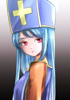 Rule 34 | 1girl, blue hair, blue hat, blue tabard, bodysuit, cross, cross print, dragon quest, dragon quest iii, hat, light frown, long hair, looking to the side, mitre, orange bodysuit, pekuchin (pekuchin 3), priest (dq3), print headwear, red eyes, solo, tabard, upper body