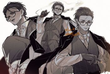 09wave_hb 1boy bags_under_eyes beard_stubble black_jacket blood blood_splatter brown_hair cigar collared_shirt cowboy_shot facial_hair glasses gloves gregor_(project_moon) grey_gloves grey_necktie hair_slicked_back hand_on_own_hip holding holding_cigar jacket jacket_on_shoulders knee_up limbus_company multiple_views necktie orange_eyes project_moon shirt smoke smoke_trail smoking striped_clothes striped_vest stubble vest white_shirt