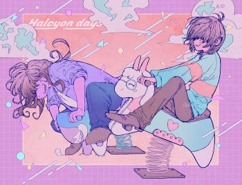 1girl 1other anger_vein blue_pants blue_sweater border brown_hair brown_pants brown_shoes colored_skin covered_eyes deltaebiko0721 deltarune full_body furry furry_female hair_over_eyes highres jacket kris_(deltarune) objectification open_mouth pants pink_border pink_skin purple_jacket ralsei sharp_teeth shoes short_hair sitting spring_rider susie_(deltarune) sweater teeth twitter_username utdr_(toby_fox)