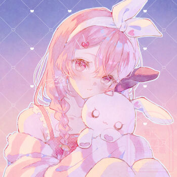 1girl artist_name bare_shoulders braid collarbone commentary_request hair_ribbon highres jacket long_hair looking_at_viewer mishiro_(iromishiro) off_shoulder original pink_eyes pink_hair pink_jacket ribbon signature solo striped_clothes striped_jacket stuffed_animal stuffed_rabbit stuffed_toy upper_body white_ribbon