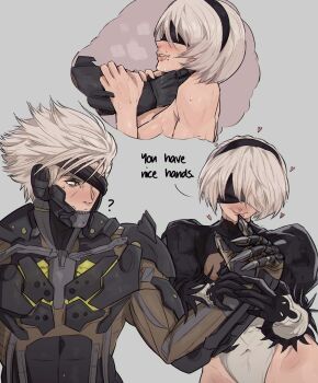 1boy 1girl 2b_(nier:automata) ? black_hairband blindfold bob_cut commentary crossover cyborg english_commentary eyepatch grey_eyes hairband highleg highleg_leotard highres imagining juliet_sleeves leotard long_sleeves metal_gear_(series) metal_gear_rising:_revengeance mole mole_under_mouth nier:automata nier_(series) puffy_sleeves raiden_(metal_gear) science_fiction strangling toned toned_female trait_connection white_hair white_leotard yoracrab