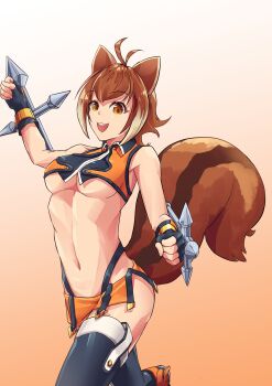1girl animal_ears bare_shoulders blazblue breasts brown_eyes brown_hair crop_top fingerless_gloves gloves looking_at_viewer makoto_nanaya microskirt midriff short_hair skirt sleeveless squirrel_ears squirrel_tail t_atsuhito tail teeth tonfa underboob upper_teeth_only weapon