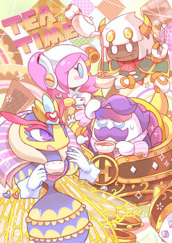 2boys 2girls arthropod_girl ascot beco_(100me) bee blank_eyes blue_eyes blush blush_stickers breath bug chair closed_eyes crown cuff_links cup disembodied_hand english_text facial_hair fangs gloves headset high_collar highres horns insect insect_wings jacket juliet_sleeves kirby:_planet_robobot kirby:_triple_deluxe kirby_(series) long_sleeves max_profitt_haltmann mecha monster multiple_boys multiple_girls mustache nintendo on_chair open_mouth pink_hair puffy_sleeves purple_hair queen_sectonia robot smile sparkle sugar_cube sunglasses sunglasses_on_head susie_(kirby) sweatdrop taranza tea teacup teapot tongs wasp white_eyes white_hair wings yellow_crown