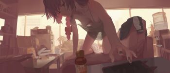 1girl black_nails blanket bocchi_the_rock! bow braid breasts cat_ear_smartphone_case cellphone chair chopsticks collarbone commentary_request controller couch cup downblouse dress green_dress hair_bow hanging_breasts highres hiroi_kikuri jacket kakiradio microwave mug no_bra on_couch phone purple_eyes purple_hair reaching refrigerator remote_control see-through_silhouette single_braid small_breasts smartphone smartphone_case solo spoon table unusually_open_eyes unworn_jacket water_cooler window