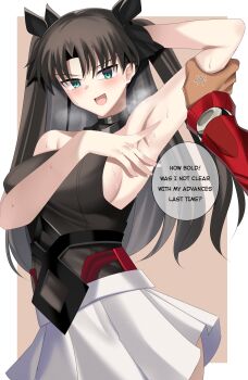 1girl absurdres archer_(fate) archer_(honkai:_star_rail)_(fate) armpits black_hair black_shirt blue_eyes breasts coat commentary dark-skinned_male dark_skin english_commentary english_text fate/stay_night fate_(series) hair_ornament highres honkai:_star_rail honkai_(series) long_hair medium_breasts red_coat rey_r31_44 rin's_pendant_(fate) shirt sideboob skirt sleeveless thighhighs tohsaka_rin tohsaka_rin_(honkai:_star_rail) twintails white_skirt