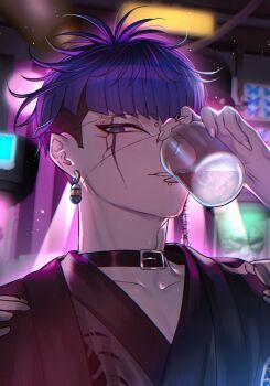 1boy absurdres black_choker black_eyeshadow black_hair black_haori black_roots blue_hair choker collarbone commentary drinking earrings eyeshadow face_piercing facial_mark fingernails flask grey_eyes grey_kimono haori highres holding holding_flask japanese_clothes jewelry kimono labret_piercing liquid looking_at_viewer makeup male_focus mihen multicolored_hair omokage_yugamu parted_lips piercing sharp_fingernails short_hair solo the_hundred_line_-last_defense_academy- undercut