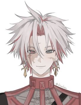 1boy ankh_earrings biaobiaojiang chinese_commentary closed_mouth commentary_request earrings grey_eyes grey_hair hair_between_eyes heterochromia highres jacket jewelry looking_at_viewer male_focus multicolored_hair portrait red_eyes red_hair scar scar_(wuthering_waves) scar_across_eye scar_on_face short_hair simple_background smile solo streaked_hair twitter_username two-tone_hair white_background white_hair wuthering_waves