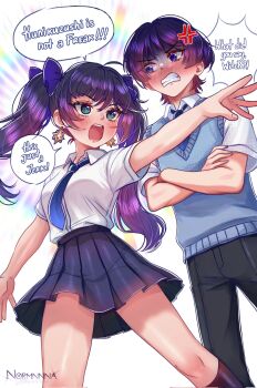 1boy 1girl ahoge alternate_costume anger_vein annoyed aqua_eyes arm_at_side asymmetrical_bangs black_hair black_pants black_skirt blouse blue_necktie blue_sweater_vest blunt_bangs blunt_ends blush bow clenched_teeth collared_shirt commentary contemporary crossed_arms earrings english_commentary eyelashes fingernails from_below genshin_impact glint hair_between_eyes hair_bow hand_on_another's_arm highres jewelry long_hair looking_at_another looking_to_the_side mona_(genshin_impact) necktie normnnna open_hands open_mouth outstretched_arm pants pleated_skirt purple_bow purple_eyes purple_hair redrawn scaramouche_(genshin_impact) scene_reference school_uniform shaded_face shirt short_sleeves sidelocks skirt spy_x_family star_(symbol) star_earrings sweater_vest teeth twintails twitter_username upper_teeth_only white_background white_shirt white_sleeves wispy_bangs