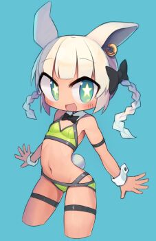 Rule 34 | 1girl, animal ears, aqua eyes, bikini, blue background, bow, bowtie, bra, braid, breasts, detached collar, earrings, highres, jewelry, nanatsuta, navel, original, panties, playboy bunny swimsuit, rabbit, rabbit ears, red bow, red bowtie, short hair, simple background, single earring, small breasts, sports bra, star-shaped pupils, star (symbol), swimsuit, symbol-shaped pupils, twin braids, underwear, white hair, wrist cuffs
