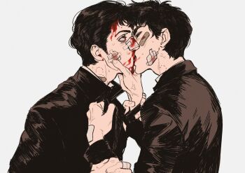 Rule 34 | 2boys, after battle, animification, bandage on cheek, bandages, bandaid, bandaid on face, bandaid on neck, bite mark, bite mark on neck, black eyes, black jacket, bleeding, blood, blood from forehead, blood from mouth, blood on ears, blood on nose, brown hair, closed eyes, collared shirt, french kiss, george harrison, grabbing another's chin, grey background, hand on another's chin, highres, holding another's wrist, injury, jacket, john lennon, kiss, male focus, multiple boys, nosebleed, popped collar, profile, real life, shirt, short hair, simple background, the beatles, thendsherly, thick eyebrows, upper body, veins, veiny hands, very short hair, white shirt, wide-eyed, yaoi