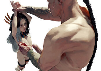 1boy 1girl ai arm_tattoo arms_up bound bound_wrists braid breasts brown_hair censored diathorn facial_scar feather_hair_ornament feathered_wings feathers flat_chest grey_hair hair_ornament highres holding_another's_arm large_penis loli long_hair looking_at_another mosaic_censoring multicolored_hair muscular muscular_male navel nipple_stimulation nipple_tweak nipples original penis realistic restrained scar scar_on_cheek scar_on_face simple_background single_braid size_difference skinny small_breasts tattoo wings