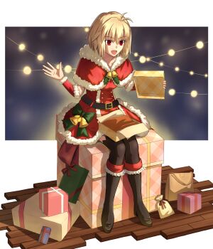 1girl absurdres andychen662000 antenna_hair arcueid_brunestud bell belt belt_buckle black_boots black_leggings blonde_hair boots bow box buckle capelet christmas detached_sleeves dress fur-trimmed_capelet fur-trimmed_dress fur-trimmed_sleeves fur_trim gift gift_box green_bow highres leggings open_mouth red_eyes santa_costume santa_dress short_hair smile solo string_lights tsukihime wooden_floor
