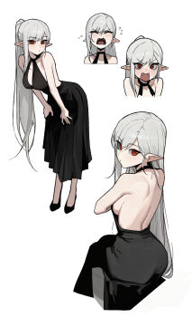 1girl :/ ass backless_dress backless_outfit bare_arms bare_shoulders black_dress black_shoes blush breasts closed_eyes closed_mouth commentary cropped_shoulders dress fangs flying_sweatdrops full_body grey_hair halter_dress halterneck hands_on_own_thighs highres large_breasts leaning_forward light_blush long_hair looking_at_viewer multiple_views open_mouth original pointy_ears ponytail red_eyes rusellunt shoes sideboob simple_background sitting slit_pupils standing v-shaped_eyebrows vampire_(gogalking) very_long_hair white_background