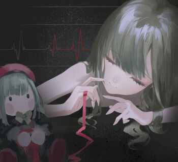 2girls airool arm_rest bang_dream! bang_dream!_it&#039;s_mygo!!!!! bare_arms bare_shoulders beret blush_stickers cardiogram character_doll chinese_commentary closed_eyes commentary commentary_request dark_background doll english_commentary eyelashes facing_object fingernails green_hair hair_between_eyes hair_spread_out hat head_tilt highres long_fingernails long_hair mixed-language_commentary mortis_(bang_dream!) mortis_(costume)_(bang_dream!) multiple_girls no_mouth red_hat ribbon smile string_around_finger swept_bangs wakaba_mutsumi wakaba_mutsumi_(doll) weibo_username wrist_ribbon