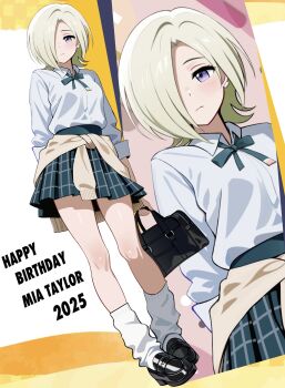 1girl absurdres blonde_hair breasts cardigan cardigan_around_waist clothes_around_waist collared_shirt green_necktie hair_over_one_eye highres loafers long_hair looking_at_viewer loose_socks love_live! love_live!_nijigasaki_high_school_idol_club medium_breasts mia_taylor necktie pleated_skirt purple_eyes shirt shoes skirt socks solo standing white_shirt zaofeng