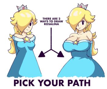 1girl arms_behind_back black_eyes blonde_hair breasts cleavage dress english_text highres large_breasts legs long_hair looking_at_viewer mario_(series) multiple_views nintendo rosalina smile solo super_mario_galaxy thighs