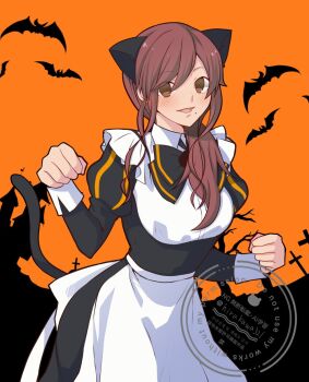 Rule 34 | 1girl, animal ears, apron, bat (animal), black dress, brown eyes, brown hair, cat ears, cat girl, cat tail, dress, dress ribbon, fake animal ears, fake tail, hair between eyes, halloween costume, highres, hirakawa, looking at viewer, maid, maid apron, noel (tsukihime), paw pose, side ponytail, smile, tail, tsukihime, tsukihime (remake), wavy hair