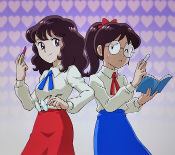 Rule 34 | 2girls, black eyes, black hair, blue ribbon, blue skirt, book, bow, chalk, collared shirt, commentary request, cosmetics, cowboy shot, dual persona, glasses, hair bow, hand up, hands up, heart, heart background, highres, holding, holding book, holding chalk, holding lipstick tube, holding removed eyewear, lipstick tube, looking at another, medium hair, mizutani kenta, multiple girls, neck ribbon, one eye closed, open book, ponytail, red bow, red ribbon, red skirt, ribbon, round eyewear, sekii ai, sexy ai, shirt, sideways glance, skirt, small sweatdrop, standing, teacher, unworn eyewear, wavy hair, white shirt