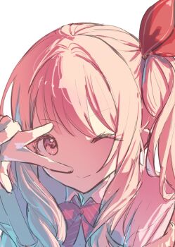 1other akiyama_mizuki bow bowtie cardigan cardigan_partially_removed circon closed_mouth collared_shirt eyelashes eyes_visible_through_hair hair_bow highres kamiyama_high_school_uniform_(project_sekai) long_hair long_sleeves one_eye_closed other_focus pink_eyes pink_hair project_sekai red_bow red_bowtie school_uniform shirt side_ponytail sidelocks simple_background smile solo striped_bow striped_bowtie striped_clothes tareme upper_body v white_background white_shirt yellow_cardigan