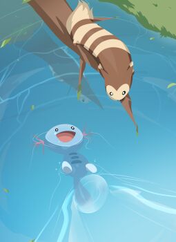 2others absurdres afloat black_eyes captain_kirb furret gen_2_pokemon highres leaf looking_down looking_up multiple_others nintendo no_humans on_branch open_mouth pokemon pokemon_(creature) reflection waves wooper