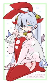 1boy :/ animal_ear_hairband animal_ears armpit_crease bare_shoulders bell between_legs blue_eyes blue_hair blush bow bulge cardigan choker christmas collarbone colored_tips commentary covered_navel crossdressing crossdressing_(mtf) double-parted_bangs earclip eyepatch fake_animal_ears fake_tail flipped_hair frills full_body furrowed_brow garter_straps hair_bell hair_between_eyes hair_bow hair_intakes hair_ornament hairband hand_between_legs hand_up highres holding holding_sack leotard long_hair long_sleeves looking_at_viewer male_focus male_playboy_bunny multicolored_hair narrowed_eyes neck_bell no_nose no_shoes off_shoulder one_eye_covered op_na_yarou open_cardigan open_clothes original playboy_bunny quad_tails rabbit_ear_hairband rabbit_ears rabbit_tail red_bow red_choker red_hair red_hairband red_leotard red_thighhighs rigel_(op_na_yarou) sack santa_costume seiza sidelocks simple_background sitting solo straight_hair strapless strapless_leotard tail thighhighs thighs trap very_long_hair watermark white_background white_cardigan white_hair