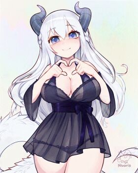 1girl artist_name blue_eyes breasts cleavage commentary curvy dragon_girl dragon_horns dragon_tail english_commentary head_tilt heart heart_hands highres horns large_breasts long_hair looking_at_viewer original panties see-through_clothes simple_background smile solo sunset_nivaris tail thick_thighs thighs underwear white_hair wide_hips