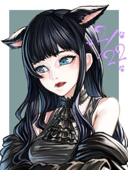 Rule 34 | 1girl, ascot, averting eyes, bare shoulders, black ascot, black choker, black dress, black hair, black jacket, blue eyes, border, breasts, cat day, choker, closed mouth, commentary request, dress, final fantasy, final fantasy xiv, gaia (ff14), green background, highres, hyuu (sing-dog), jacket, jacket partially removed, kemonomimi mode, lace-trimmed choker, lace trim, lipstick, long hair, long sleeves, makeup, medium breasts, miqo'te, outside border, red lips, simple background, solo, upper body, white border