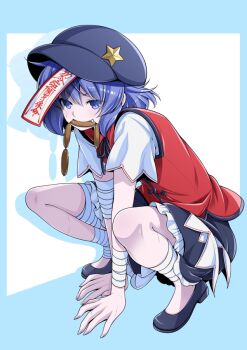 1girl bandaged_arm bandaged_leg bandages black_ribbon black_shoes black_skirt commentary_request eichi_yuu food food_in_mouth frilled_skirt frills hat hat_ornament jiangshi miyako_yoshika mouth_hold neck_ribbon ofuda purple_eyes purple_hair purple_hat ribbon sausage shoes short_sleeves skirt solo squatting star_(symbol) star_hat_ornament touhou