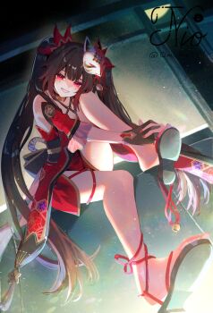 1girl black_gloves black_sandals breasts card cleavage collarbone commentary_request detached_sleeves fingernails fox_mask gloves hair_between_eyes hair_ornament honkai:_star_rail honkai_(series) japanese_clothes kimono long_hair looking_at_viewer mask mask_on_head medium_breasts mole mole_under_each_eye mole_under_eye multiple_moles nail_polish om_rm1101 own_hands_together panties pink_eyes red_kimono sandals signature single_glove sitting sleeveless sleeveless_kimono sparkle_(honkai:_star_rail) teeth thigh_strap twintails twitter_username underwear very_long_hair