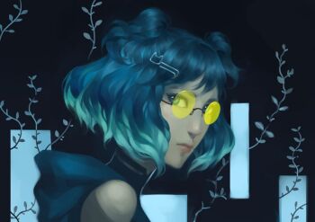 1girl bare_shoulders blue_background blue_eyes blue_hair blue_hood closed_mouth commentary from_side hair_ornament hairclip hashtag-only_commentary hood hood_down lips looking_at_viewer lydialing_draws nose original parallel_hairclips realistic round_eyewear short_hair solo tinted_eyewear upper_body yellow-tinted_eyewear