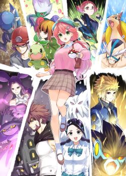 4boys 5girls abomasnow ahoge backpack bag bandaid bandaid_on_face bandaid_on_nose bastiodon belt blonde_hair blue_eyes blue_jacket blunt_bangs bracelet breasts brown_eyes brown_hair byron_(pokemon) candice_(pokemon) capelet commentary_request cosplay cranidos crasher_wake dawn_(pokemon) dawn_(pokemon)_(cosplay) elbow_gloves facial_hair fantina_(pokemon) fingerless_gloves floatzel gardenia_(pokemon) gen_4_pokemon glasses gloves goatee green_eyes grey_eyes grin hair_ornament hairclip helmet highres hololive jacket jewelry long_hair low_twintails lucario luxray maylene_(pokemon) medium_breasts miniskirt mismagius multiple_boys multiple_girls nintendo pink_eyes pink_hair plaid_clothes plaid_skirt poke_ball poke_ball_(basic) pokemon pokemon_(creature) pokemon_bdsp purple_hair roark_(pokemon) roserade sakura_miko semi-rimless_eyewear serious short_hair skirt smile spiked_hair sweater tank_top turtwig twintails under-rim_eyewear virtual_youtuber volkner_(pokemon) white_gloves white_tank_top yuu201023