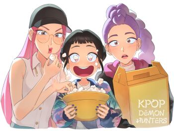 3girls alternate_costume angduuuu_(ghost) baseball_cap black_hair blunt_bangs blush box braid brown_eyes chewing double_bun eating food bad_tag hair_bun hair_down hat holding holding_food holding_unworn_clothes holding_unworn_hat korean_commentary kpop_demon_hunters long_sleeves mira_(kpop_demon_hunters) multiple_girls open_mouth pink_hair pink_lips popcorn rumi_(kpop_demon_hunters) short_bangs simple_background single_braid standing teeth unworn_hat unworn_headwear upper_body upper_teeth_only white_background wide_hips zoey_(kpop_demon_hunters)