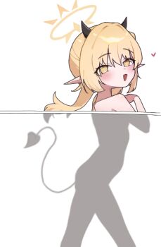 1girl absurdres black_horns blonde_hair blue_archive blush bright_pupils from_side halo highres horns ibuki_(blue_archive) loli long_hair looking_at_viewer looking_to_the_side open_mouth pointy_ears see-through_silhouette simple_background smile solo tail white_background white_pupils yellow_eyes yellow_halo yungun_(dbsrjsdn0330)