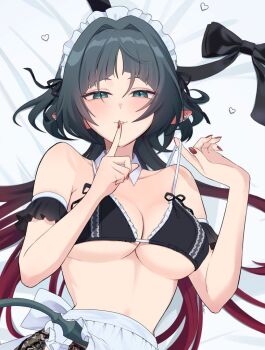 1girl alternate_costume animal_ears bikini black_bow black_hair blunt_bangs blush bow bra breasts commentary_request detached_sleeves enmaided finger_to_mouth frilled_bra frills gradient_hair green_eyes hair_intakes index_finger_raised jane_doe_(zenless_zone_zero) large_breasts long_hair looking_at_viewer lying maid maid_bikini maid_headdress mouse_ears mouse_girl mouse_tail multicolored_hair on_back on_bed red_hair red_nails ruaruayana seductive_smile shushing smile solo strap_pull swimsuit tail unconventional_maid underboob underwear zenless_zone_zero
