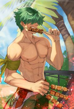 Rule 34 | 1boy, abs, absurdres, alternate costume, commentary, commission, cooking, day, eating, english commentary, fire emblem, fire emblem: the blazing blade, food, green hair, grill, grilling, hair over eyes, highres, holding, holding skewer, lowen (fire emblem), male focus, male swimwear, meat, navel, nintendo, nipples, outdoors, pectorals, second-party source, short hair, skewer, solo, swim trunks, teo (telo ruka), toned, toned male, topless male