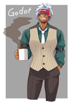 1boy absurdres ace_attorney arm_strap black_pants character_name collared_shirt commentary cowboy_shot cropped_legs dark-skinned_male dark_skin earrings facial_hair galois goatee_stubble godot_(ace_attorney) green_shirt grin hand_in_pocket head-mounted_display highres jewelry loose_necktie male_focus multiple_earrings necktie pants pinstripe_pattern pinstripe_vest shirt single_earring smile solo steam stubble vest white_hair white_necktie