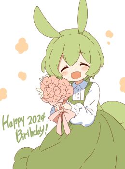 1girl :d ^_^ absurdres animal_ears blush bouquet closed_eyes collared_shirt commentary_request dot_nose dress facing_viewer flower flower_symbol green_dress green_hair green_tail happy_birthday highres holding holding_bouquet long_sleeves ojou-sama_zundamon open_mouth pinafore_dress pink_flower shirt short_hair simple_background sleeveless sleeveless_dress smile solo upper_body voiceroid white_background white_shirt zundamon zungurimukkuri_tarou