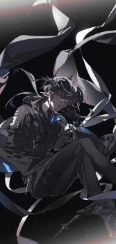 Rule 34 | 1boy, absurdres, arknights, backlighting, belt, black background, black belt, black gloves, black horns, black jacket, black pants, black shirt, black shoes, chjjlold, crossed legs, earrings, feet out of frame, floating clothes, gloves, grey hair, hair between eyes, hand on own face, head wings, highres, horns, infection monitor (arknights), invisible chair, jacket, jewelry, light particles, logos (arknights), long sleeves, looking at viewer, male focus, medium hair, mole, mole under eye, pants, parted lips, pointy ears, red eyes, ribbon, shirt, shoes, sideways glance, simple background, sitting, solo, thigh strap, turtleneck, turtleneck shirt, two-sided sleeves, white ribbon, wide sleeves, wings, zipper