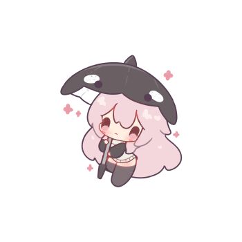 0_0 1girl absurdres animal-themed_umbrella baggy_clothes black_umbrella chibi closed_mouth decrilus double-parted_bangs highres holding holding_umbrella long_hair long_sleeves looking_at_viewer mumble_(shachimu) original oversized_sweater pink_eyes pink_hair simple_background solid_oval_eyes solo two-tone_sweater umbrella very_long_hair white_background