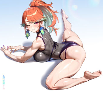 1girl absurdres aqua_hair ass bad_feet barefoot breasts commentary curvy earrings english_commentary feather_earrings feathers feet flexible full_body gradient_hair grin high_ponytail highres hololive hololive_english jewelry large_breasts looking_at_viewer lying maro2ki3 multicolored_hair official_alternate_costume official_alternate_hairstyle on_stomach one_eye_closed orange_hair perfume_(takanashi_kiara) ponytail purple_eyes purple_nails smile soles streaked_hair takanashi_kiara thighs toes virtual_youtuber wet