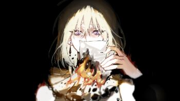 1girl bang_dream! bang_dream!_it's_mygo!!!!! black_background blonde_hair burning burning_paper chinese_commentary commentary_request doloris_(bang_dream!) earrings feimeixiangguji fire hair_between_eyes highres jewelry medium_hair misumi_uika paper purple_eyes simple_background solo upper_body