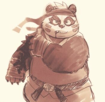 1boy animal_ears bandaged_hand bandages biceps blood blood_from_mouth blood_on_arm blood_on_face claws clenched_teeth commentary_request crave_saga dougi fangs furry furry_male garou-zuki headband highres injury looking_at_viewer male_focus panda_boy panda_ears plump sepia shaoren_(crave_saga) sleeveless teeth