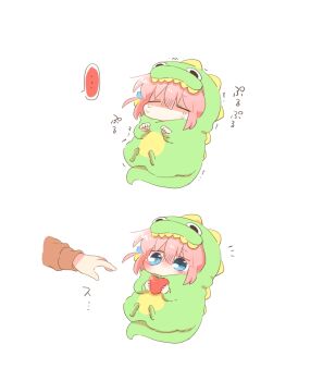 ... 2girls blush bocchi_the_rock! chibi closed_eyes commentary_request cube_hair_ornament dinosaur_costume disembodied_hand gotoh_hitori hair_between_eyes hair_ornament heart kita_ikuyo multiple_girls no_mouth one_side_up pink_hair rebecca_(keinelove) simple_background spoken_ellipsis tears white_background