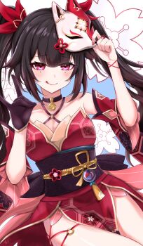 1girl arm_ribbon back_bow bare_shoulders bell black_bow black_choker black_gloves black_hair blue_background blunt_bangs blush bow breasts butterfly-shaped_pupils choker closed_mouth collarbone cowboy_shot detached_sleeves dress eyeshadow fingernails floral_background floral_print flower_knot flower_ornament fox_mask fox_shadow_puppet gloves hair_between_eyes hair_ornament hands_up highres holding holding_mask honeycomb_(pattern) honkai:_star_rail honkai_(series) kikkoumon long_hair makeup mask mask_on_head medium_breasts mole mole_under_each_eye mole_under_eye multiple_moles nail_polish neck_bell o-ring o-ring_thigh_strap obijime pink_nails pink_pupils red_dress red_eyes red_eyeshadow red_sleeves ribbon seigaiha short_sleeves sidelocks single_glove sleeveless sleeveless_dress smile solo sparkle_(honkai:_star_rail) symbol-shaped_pupils thigh_strap thighs tiizumaru98 tongue tongue_out twintails yellow_ribbon