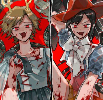 2girls antlers black_hair blonde_hair blue_shirt bow bowtie deer_antlers fangs green_jacket highres horns jacket kicchou_yachie kurokoma_saki looking_at_viewer multiple_girls red_background red_eyes shirt sosei touhou white_bow white_bowtie