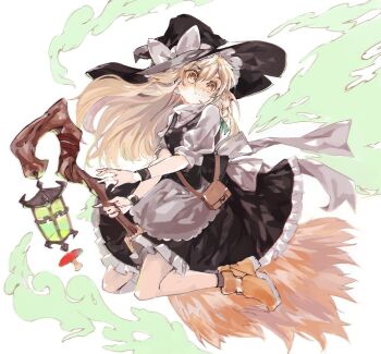 Rule 34 | 1girl, apron, back bow, black hat, black skirt, black vest, blonde hair, bow, broom, broom riding, brown footwear, buttons, commentary request, fang, frilled headwear, frilled skirt, frills, hat, kirisame marisa, konabetate, lantern, long hair, mushroom, puffy short sleeves, puffy sleeves, shirt, short sleeves, sitting, skin fang, skirt, solo, touhou, turtleneck, very long hair, vest, waist apron, waist bow, white apron, white bow, white shirt, witch, witch hat, yellow eyes